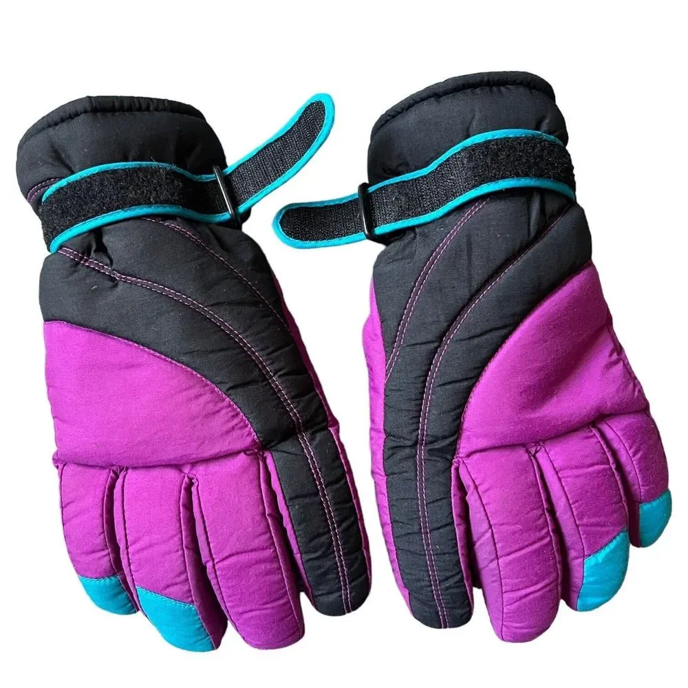 Vintage Thinsulate Ski Gloves Purple Black Teal Colorblock Retro 80s 90s Winter